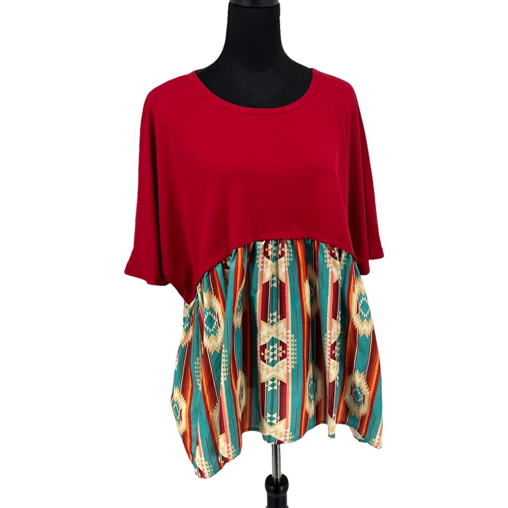 Crazy Train Red Aztec Western Boho Babydoll Top Size XL